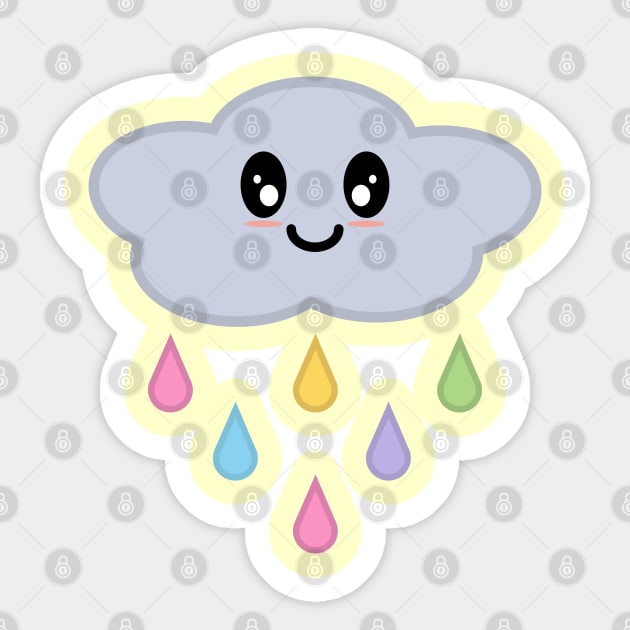 Kawaii Cute Rainbow Raindrop Rain Cloud in Yellow Sticker by Kelly Gigi